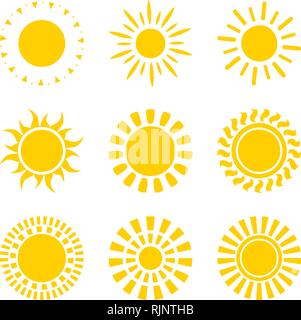 Set di sole giallo simboli icona isolato su bianco Illustrazione Vettoriale