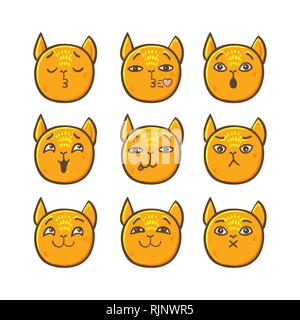 Set di vector cat emoticon in stile linea. Cute cat gli Emoji in stile cartoon. Gli Emoji piatta isolati su sfondo bianco. Raccolta di emoticon per la chat. Ve Illustrazione Vettoriale