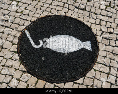 Da sopra il colpo di contrassegno bianco di pesce su asfalto sulla strada vicino mare spiaggia Lisbona, Portogallo Foto Stock