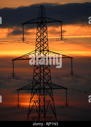 Tramonti dorati e elettricità Torre del pilone, Bedfordshire, England, Regno Unito Foto Stock