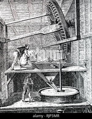 Una incisione raffigurante una vista in sezione di un mulino a vento (post) del mulino per la macinazione del mais. Datata del XIX secolo Foto Stock