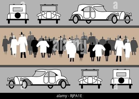 Auto Show auto d'epoca. Vintage vetture eleganti e cabriolet. Persone di visualizzare le vetture esposte nella parte anteriore, posteriore, laterale. Folla su un retrò car show. Nero e Illustrazione Vettoriale
