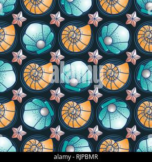 Abitanti di mare capesante di mare, stelle marine e conchiglia seamless pattern. Stampa di mare Illustrazione Vettoriale