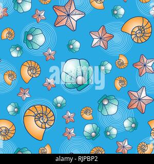 Stampa di mare. Abitanti di mare capesante di mare, stelle marine e conchiglia seamless pattern. Illustrazione Vettoriale