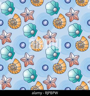 Acqua di mare animale. seamless pattern del mare abitanti capesante di mare, stelle marine e conchiglia . Illustrazione Vettoriale