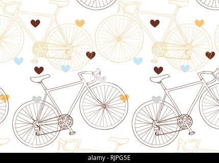 Vettore disegnati a mano in bicicletta e cuori pattern in rosso, blu, arancione e grigio nella tavolozza dei colori su sfondo bianco. San Valentino. Illustrazione Vettoriale