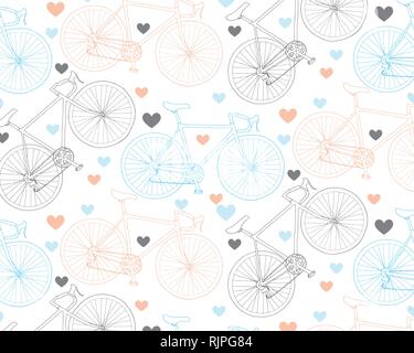 Bicicletta e cuori pattern in rosso, blu, arancione e grigio nella tavolozza dei colori su sfondo bianco. San Valentino. Illustrazione Vettoriale Illustrazione Vettoriale