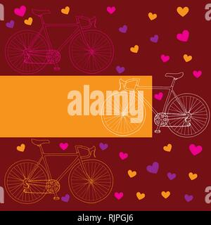 Bicicletta e cuori Invito/Ringraziamento/evento/valentine vettore modello di scheda in rosa, arancione, bianco e viola nella tavolozza dei colori Illustrazione Vettoriale