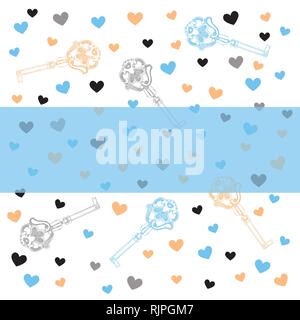 Chiave e cuori Invito/Ringraziamento/evento/valentine vettore modello di scheda in rosa, blu, grigio e bianco nella tavolozza dei colori Illustrazione Vettoriale