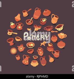 Modello di cerchio laboratorio di ceramica, lezioni di ceramica banner illustrazione. Ruota di ceramiche, potter, cavallo di argilla e altri prodotti ceramici in serie di icone in stile appartamento con uno scarabocchio. Illustrazione Vettoriale