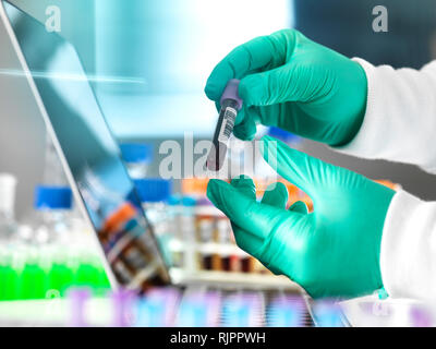 Lo screening sanitario, ricercatore esaminando campioni di sangue e di controllo con i dati sul computer portatile, close up delle mani Foto Stock