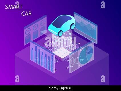 Smart Auto e guida autonoma nozione. 3D isometrica illustrazione vettoriale Illustrazione Vettoriale