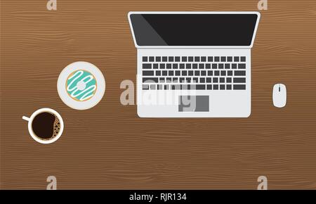 Computer notebook con donut e una tazza di caffè sulla scrivania in legno Illustrazione Vettoriale
