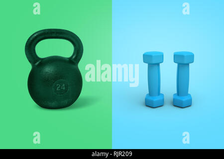 3D rendering di un kettlebell nero su uno sfondo verde e due manubri blu su sfondo blu. Sport ed esercizio. Per tenersi in forma. Esercizio dotare Foto Stock
