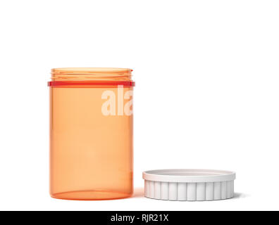 3D rendering di un trasparente in plastica arancione vasetto con un coperchio bianco accanto su uno sfondo bianco. Medico e di apparecchiature farmaceutiche. Imballaggio e co Foto Stock