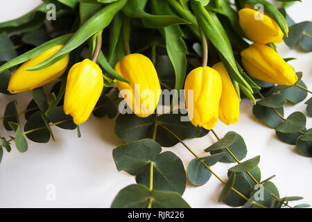 Bella tulipani gialli con rami di eucalipto su un tavolo bianco Foto Stock