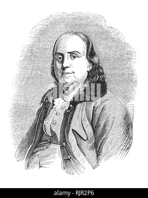 Un ritratto di Benjamin Franklin (1706-1790), un polymath americano e uno dei padri fondatori degli Stati Uniti. Franklin era un autore principale, una stampante, un teorico politico, un politico massone, postmaster, scienziato, inventore, UMORISTA, attivista civica, statista e diplomatico. Come scienziato, egli è stato una figura importante nella American Illuminismo e la storia della fisica per le sue scoperte e le teorie in materia di elettricità. Come un inventore, egli è conosciuto per l'asta parafulmini, bifocali, e la stufa Franklin, tra le altre invenzioni. Foto Stock