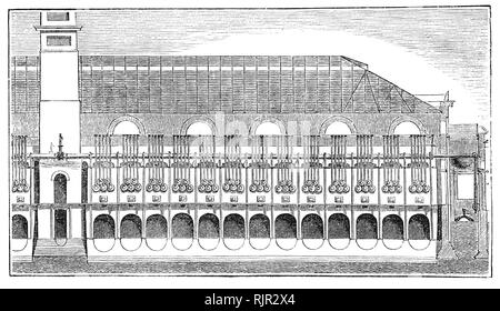 Il processo di base per la produzione di gas dal carbone utilizzato nei primi anni del XIX secolo è rimasta essenzialmente invariata fino al ultimo del gas di carbone opere chiuse negli anni settanta. Il carbone in un tubo chiuso chiamato una storta (illustrata) è stato riscaldato in un forno. Il gas ceduto - principalmente idrogeno e monossido di carbonio - fatto passare attraverso una trappola di acqua ("gruppo idraulico principale") e sono state poi raffreddato in un condensatore dove il catrame e alcuni altri liquidi sono stati rimossi. Foto Stock