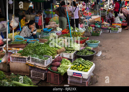 Cambogia, Preah Koh Kong, centro città, Mercato Centrale, Psar Dong Tong, bancarelle di verdure coltivate localmente Foto Stock