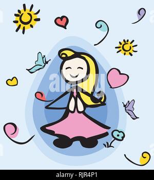 Biondo bacchetta femmina persona seduta nella posizione del loto e meditare. Intorno a lei è un aura blu e gli elementi positiv. Illustrazione Vettoriale