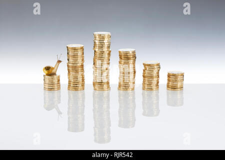 Pila di £1 monete con un giardino va a passo di lumaca seduto sulla parte superiore Foto Stock