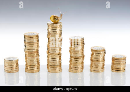 Pila di £1 monete con un giardino va a passo di lumaca seduto sulla parte superiore Foto Stock