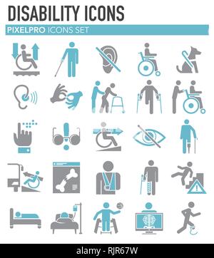 Disabilità set di icone su sfondo bianco per grafica e web design, moderno vettore semplice segno. Concetto di Internet. Il simbolo alla moda per il design del sito web o del pulsante mobile app. Illustrazione Vettoriale
