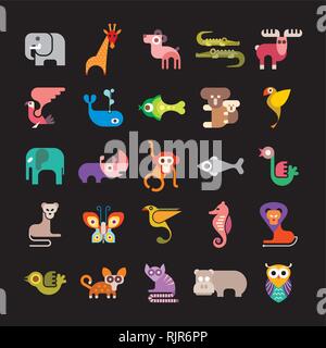 Animali della giungla. Set di colorate icone vettoriali. Isolato su sfondo nero. Può essere utilizzato come logo. Illustrazione Vettoriale