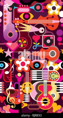 Abstract alla musica di sottofondo - seamless sfondo vettoriale. Arte colorato collage con strumenti musicali. Illustrazione Vettoriale