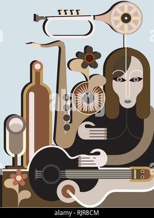 Strano donna con strumenti musicali - sfondo vettoriale. L'arte astratta applicazione. Luce di sfondo blu. Illustrazione Vettoriale