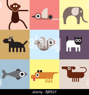 Animali e Animali Domestici - set di icone vettoriali. Carta da parati senza giunture. Animali domestici e selvatici. Illustrazione Vettoriale