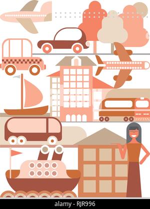 Il settore dei viaggi - illustrazione vettoriale. Diversi tipi di trasporto per viaggi e turismo. Illustrazione Vettoriale