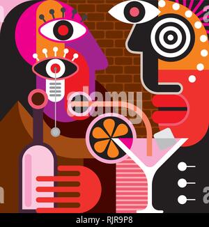 Un uomo e una donna sono avente un talk al bar - abstract illustrazioni vettoriali. Una donna sta bevendo un cocktail rosa attraverso una cannuccia. Illustrazione Vettoriale