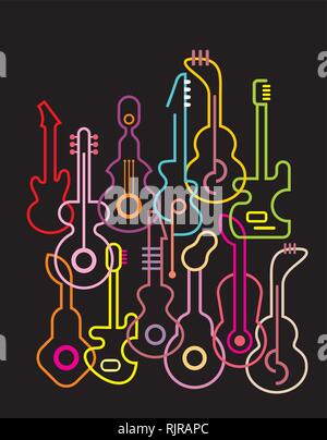 Silhouette di chitarra su sfondo nero. Illustrazione Vettoriale. Illustrazione Vettoriale