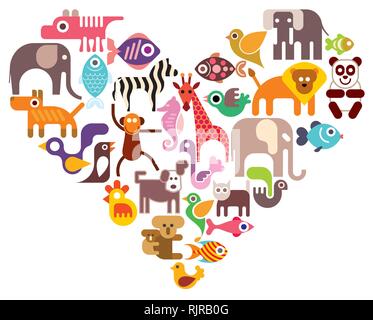 Cuore con animali icone vettoriali. Isolato Illustrazione a colori su sfondo bianco. Illustrazione Vettoriale