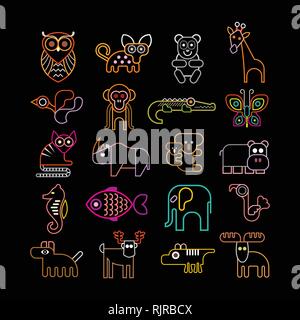 Colori al neon su uno sfondo nero animali, uccelli e pesci vector icon set. Illustrazione Vettoriale