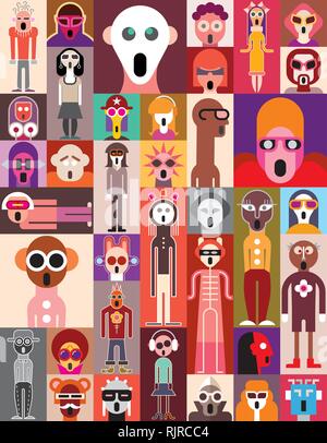 Collage di vettore di molte facce scioccato. Set di sorpresa i ritratti di persone. Illustrazione Vettoriale