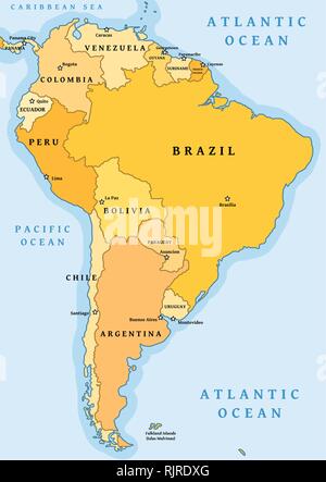 Sud America divisione politica mappa - illustrazione vettoriale. Illustrazione Vettoriale