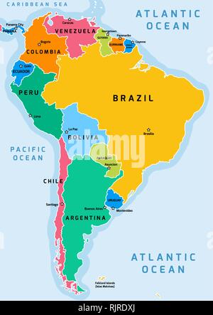 Sud America divisione politica mappa - illustrazione vettoriale. Illustrazione Vettoriale