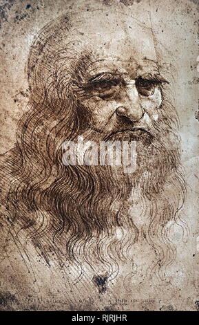 Autoritratto di Leonardo da Vinci, dipinta nel 1512 utilizzando gesso rosso, quando Leonardo da Vinci era 50 e vive in Francia. Leonardo da Vinci (1452 - 1519), polymath italiana del Rinascimento, le cui aree di interesse inclusi invenzione, pittura, scultura, architettura, scienza, musica, matematica, ingegneria, letteratura, anatomia, geologia, astronomia, botanica, la scrittura, la storia e la cartografia. Foto Stock