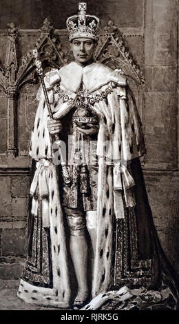 Illustrazione che mostra l'incoronazione abiti indossati da George VI (1895 - 1952), il Re del Regno Unito e signorie del Commonwealth Britannico dal 11 dicembre 1936 fino alla sua morte nel 1952. Egli è stato l'ultimo imperatore di India e il primo Capo del Commonwealth. Foto Stock