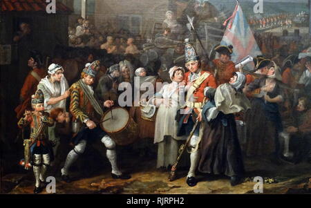 Il marzo delle guardie per la stazione di Finchley, 1750 (dettaglio), olio su tela da artista inglese William Hogarth. La pittura è una rappresentazione di un immaginario raduno delle truppe sulla Tottenham Court Road a marzo a nord per la stazione di Finchley per difendere la capitale dalla seconda rivolta giacobita di 1745, che faceva parte di una serie di sommosse che era stato verificatisi dalla fine del XVII secolo e sono state finalizzate alla restituzione della dinastia Stuart al trono dopo la Gloriosa Rivoluzione del 1688 Foto Stock