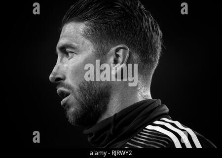 Spagna La Copa, semi finali, prima gamba, FC Barcellona vs Real Madrid, reporting live durante il gioco -- Sergio Ramos Foto Stock