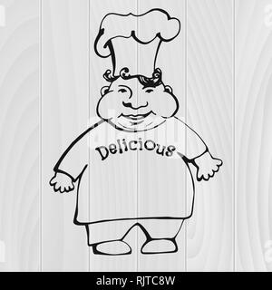 Carino sketch Chef in stile cartoon. Cucinare con la scritta deliziosa. Illustrazione Vettoriale Illustrazione Vettoriale