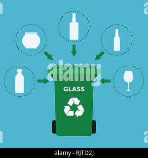 Verde nel cestino e rifiuti di vetro adatto per il riciclaggio. Riciclare vetro, separare i rifiuti, rifiuti di smistamento, eco friendly, concetto. Sfondo blu.vettore Illustrazione Vettoriale