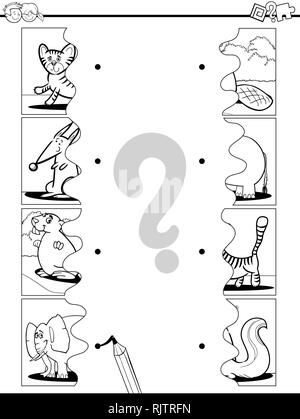 Bianco e Nero Cartoon illustrazione di immagini educativi Matching Game per bambini con i puzzle di divertenti animali selvatici Foglio di lavoro Illustrazione Vettoriale