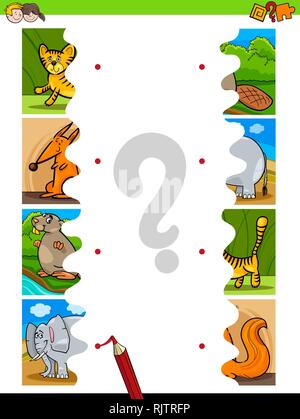 Cartoon illustrazione di immagini educativi Matching Game per bambini con i puzzle di divertenti animali selvatici Illustrazione Vettoriale