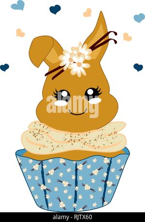 Carino cupcake alla vaniglia con bunny in stile kawaii. File vettoriale EPS 10 Illustrazione Vettoriale
