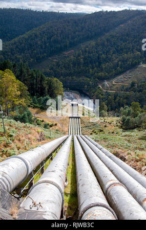 Condotte forzate alimentando il Tarraleah Power Station in Tasmania, la altipiani centrali, Australia. Foto Stock