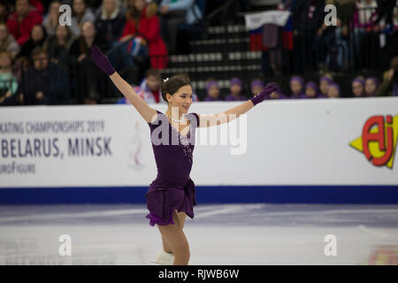 La Bielorussia Minsk, Gennaio 25, 2019. Minsk Arena. Europei di Pattinaggio di Figura.campionato russo figura skater Stanislava Konstantinova al 2019 Europea Foto Stock